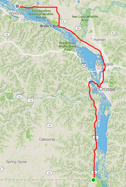 Route map showing Day 1 path from Iowa to Sleepy Hollow Campground in Minnesota